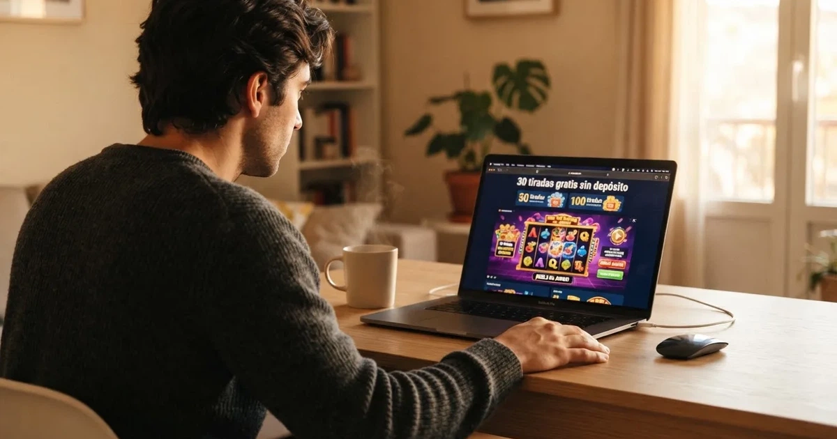 Pantalla de un casino online español mostrando una promoción de tiradas gratis sin depósito con el texto de la oferta visible