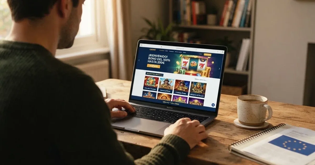 Un jugador consulta una página de promociones de casino online en la pantalla de un ordenador portátil, con una taza de café al lado y la bandera de la UE visible en un documento sobre la mesa