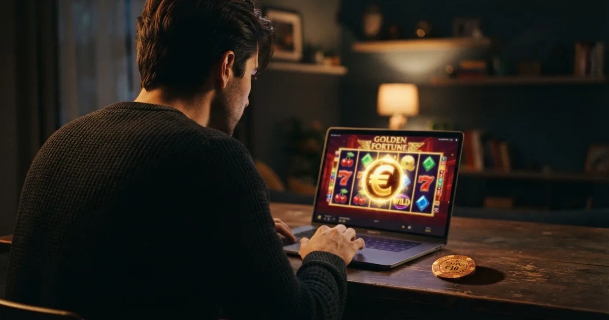 Un jugador frente a la pantalla de un casino online español con una oferta de bono de registro visible en primer plano