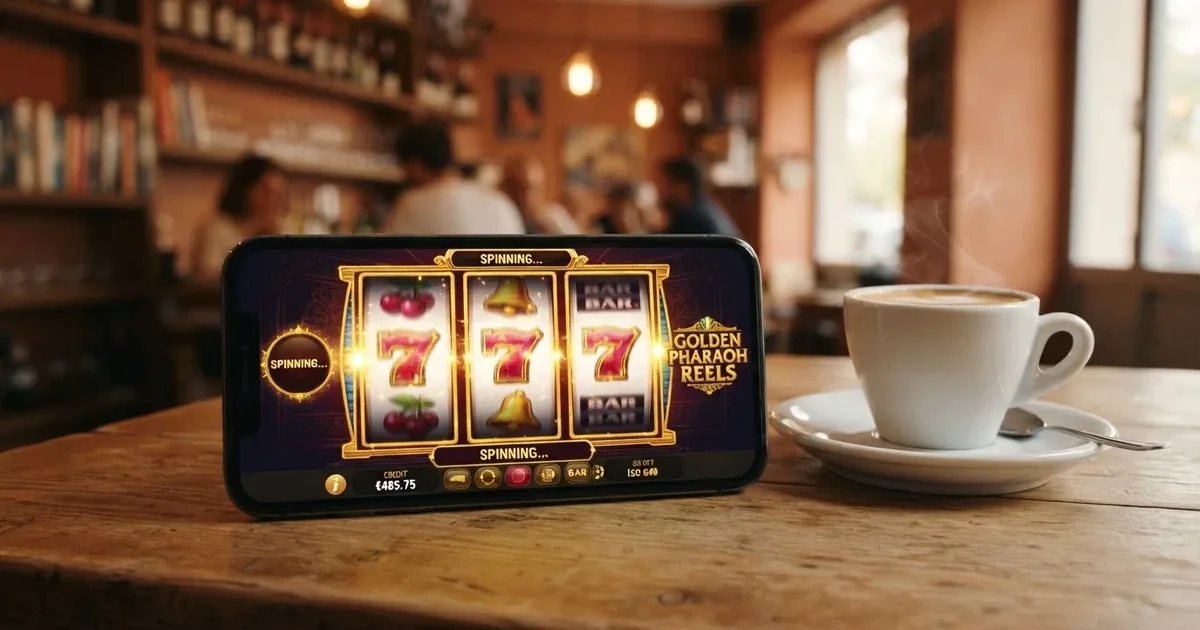 Un teléfono móvil mostrando en pantalla una tragaperras de casino con los rodillos girando, apoyado sobre una mesa junto a un café