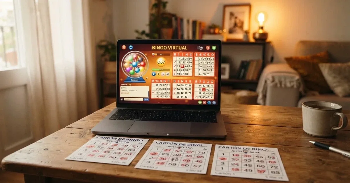 Cartones de bingo virtuales sobre una mesa de juego con luz cálida, una sala de bingo online visible en la pantalla de un ordenador portátil
