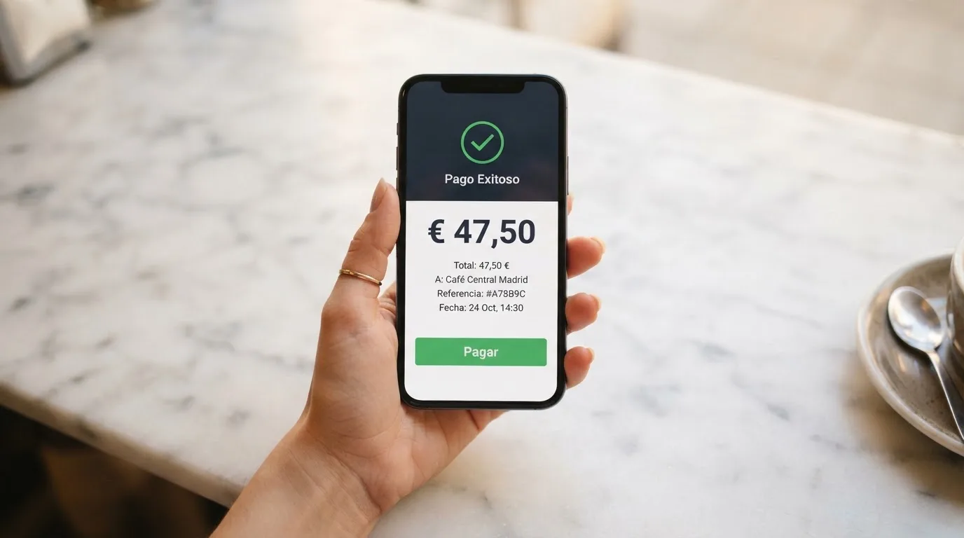 Una mano sosteniendo un teléfono con la aplicación de Bizum abierta sobre el fondo difuminado de la pantalla de un casino online