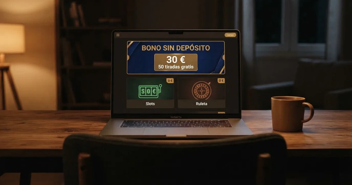 Pantalla de un casino online español mostrando una oferta de bono sin depósito con el texto «sin depósito» destacado en la promoción