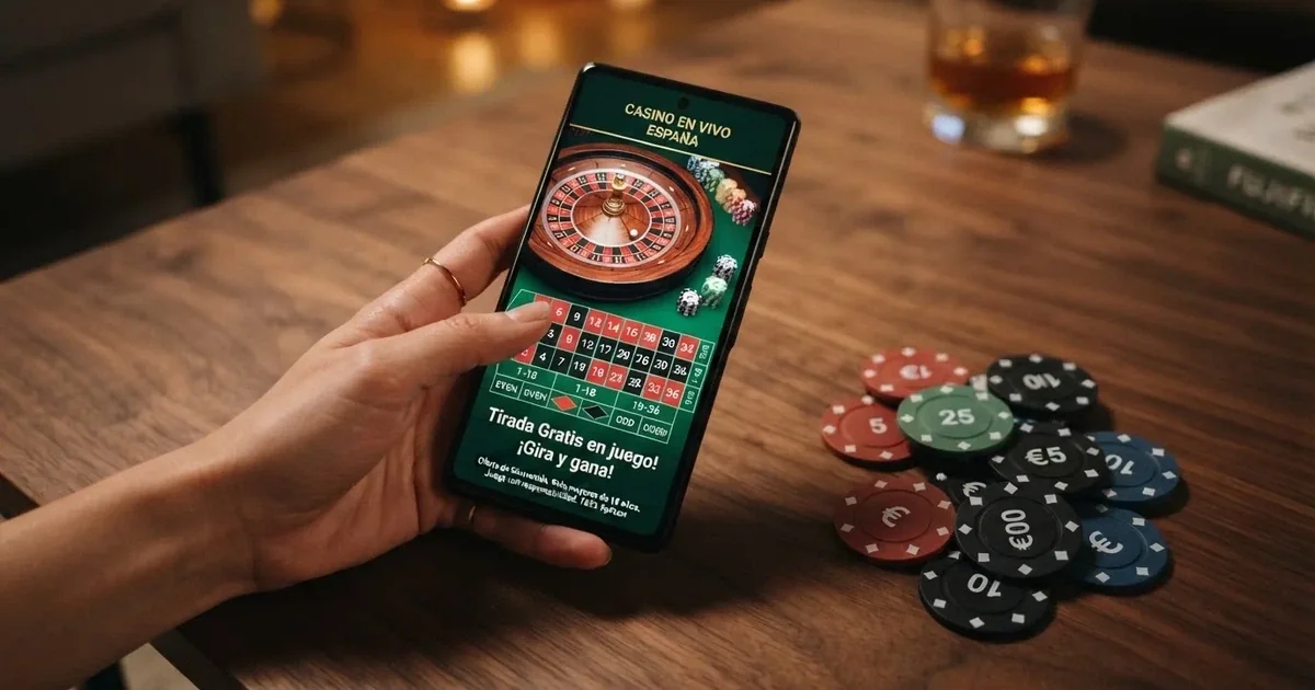 Primer plano de una mano sujetando un móvil con la pantalla mostrando una ruleta de casino y varias fichas de colores apiladas junto al dispositivo, sobre una mesa de madera oscura