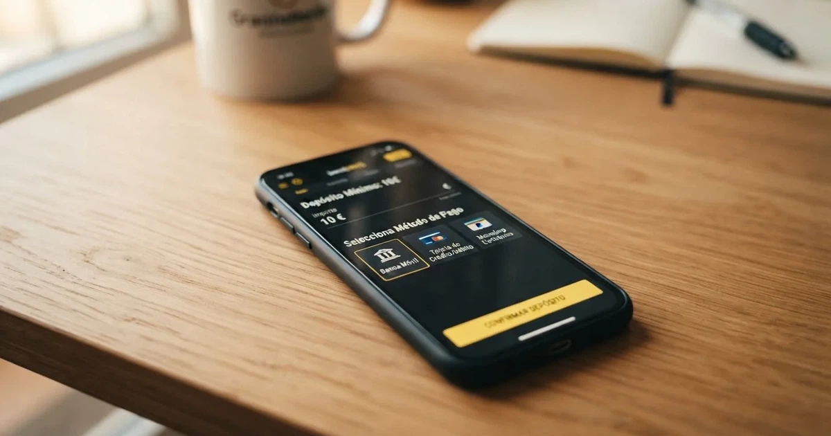 Captura de un casino online español con la pantalla de depósito abierta mostrando el importe de 10 euros y los métodos Bizum, tarjeta y PayPal disponibles