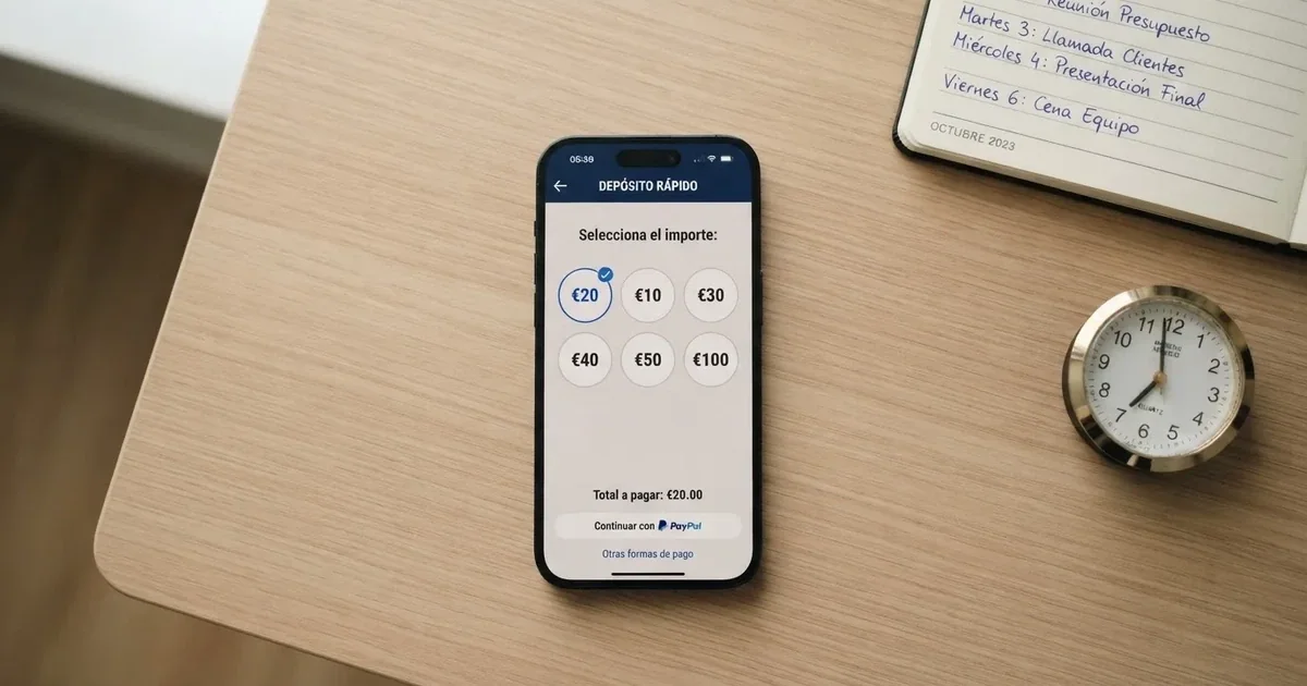 Un teléfono móvil mostrando la pantalla de depósito de un casino online español con el importe de 20 euros seleccionado, junto a un calendario y un reloj que sugieren planificación de presupuesto