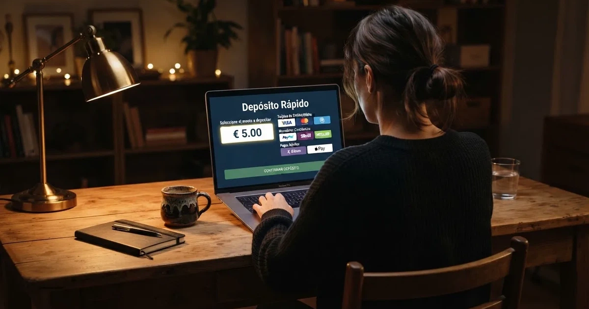 Pantalla de un casino online español mostrando la opción de depósito mínimo de 5 euros junto a los métodos de pago disponibles
