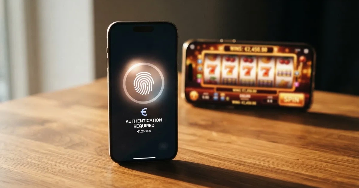 Un móvil Android mostrando la pantalla de autenticación biométrica de CaixaBank Pay junto a la pantalla de un casino online español en segundo plano