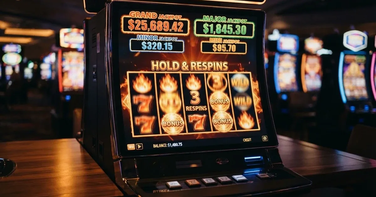 Un primer plano de una tragaperras Fire Blaze con los carretes iluminados en la función Hold & Respin y los cuatro jackpots Grand, Major, Minor y Mini visibles en la parte superior de la pantalla
