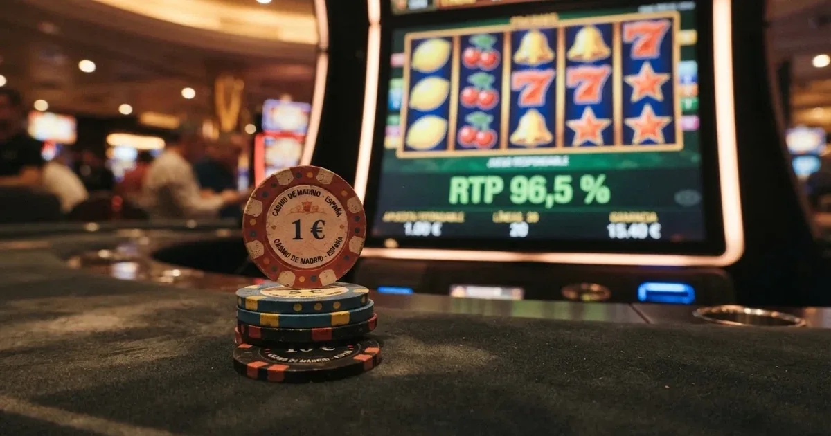 Comparativa de fichas de casino y una pantalla con el porcentaje de RTP de una tragaperras en primer plano