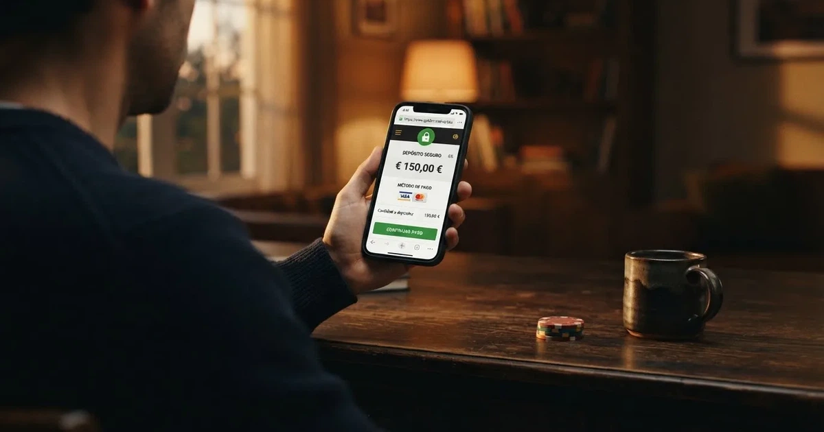 Un jugador frente a una pantalla mostrando la interfaz de depósito de un casino online, con un candado verde y el dominio .es visible en la barra de direcciones