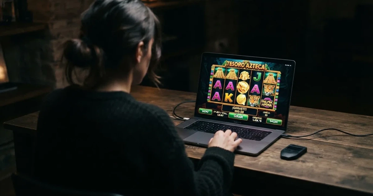 Jugador frente a una pantalla con la interfaz de un casino online, sin documentos ni DNI sobre la mesa, solo un monedero de criptomonedas visible en la esquina