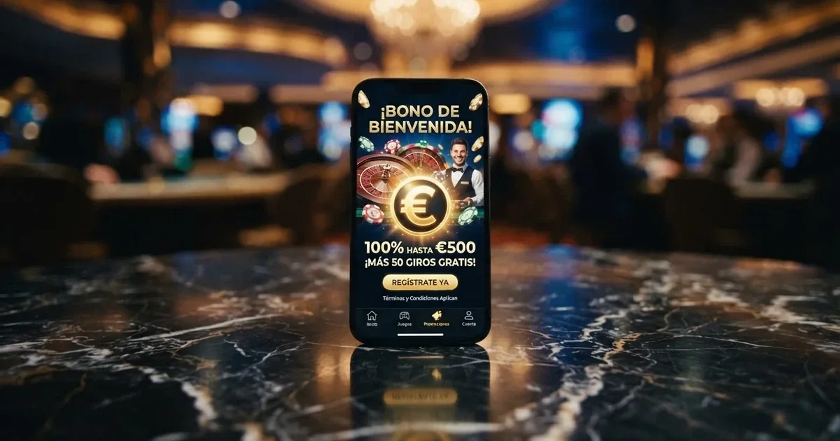 Interfaz de un casino online español con licencia DGOJ mostrando una sección de promociones con un bono de bienvenida destacado