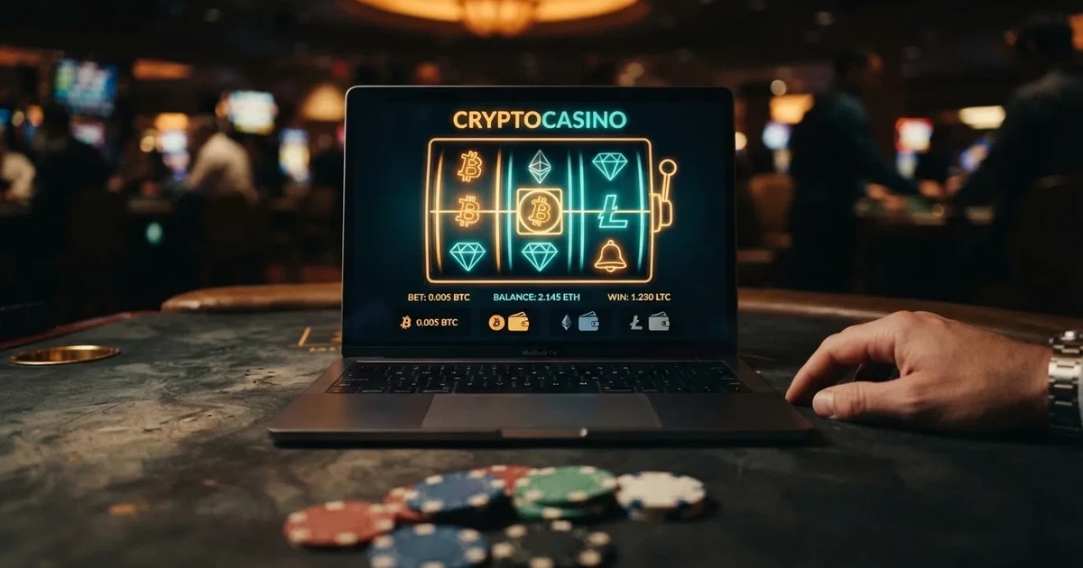 Pantalla de un casino online con criptomonedas mostrando monederos de BTC, ETH y USDT junto a una mesa de juego