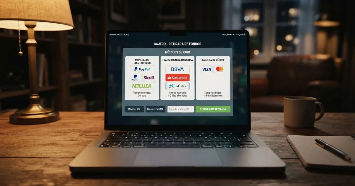 Pantalla de un casino online con licencia DGOJ mostrando las opciones de retiro disponibles — monederos electrónicos, transferencia y tarjeta — junto a los plazos estimados de cada una