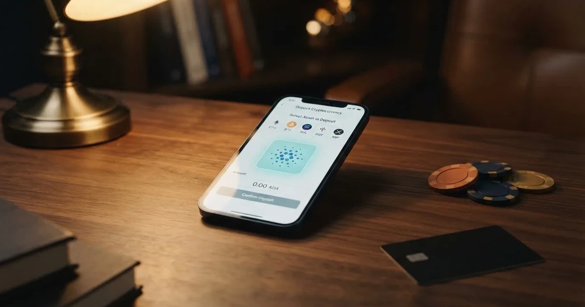 Captura de pantalla de un casino online mostrando la opción de depóssito con Cardano ADA junto a otras criptomonedas en la caja de pago