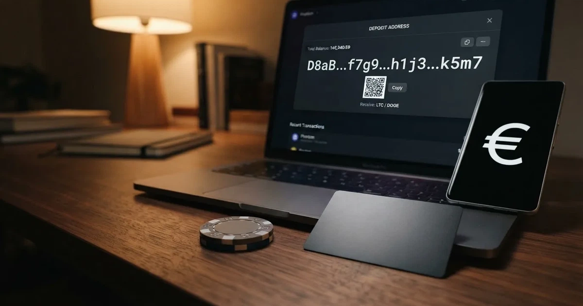 Un monedero digital de Dogecoin mostrando una dirección de depósito que empieza por la letra D en la pantalla de un ordenador portátil, junto a una ficha de casino y una tarjeta de débito