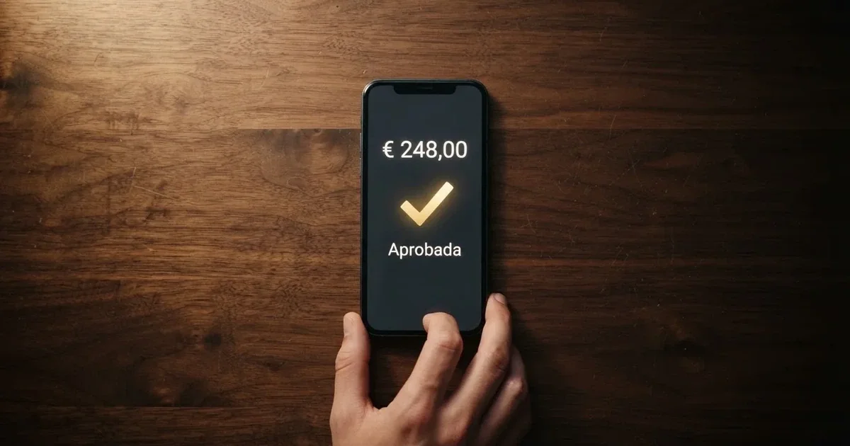 Un jugador consultando en su móvil una pantalla de retirada aprobada en un casino online español, con el icono de PayPal y el importe visible