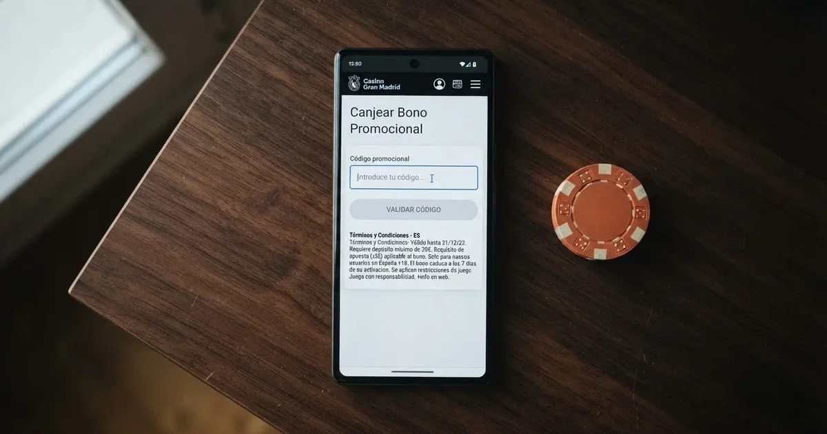 Pantalla de un casino online español mostrando el campo de canje de un código promocional junto a los términos y condiciones del bono