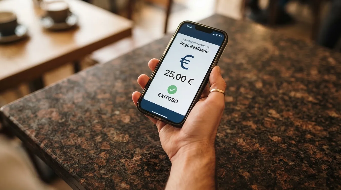 Una mano sosteniendo un móvil con la app CaixaBank Pay abierta mostrando una notificación de transacción aprobada, con el logo de VISA visible