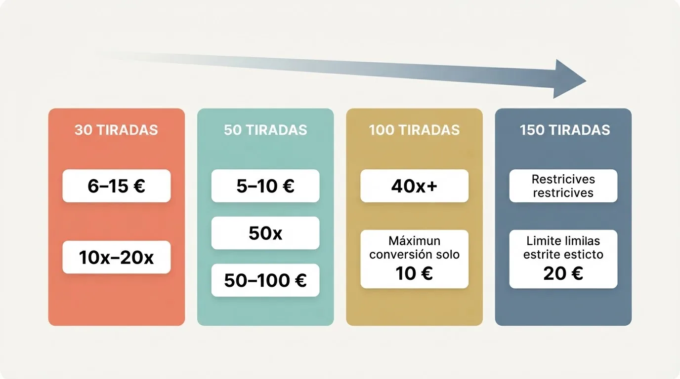 Infografía con cuatro bloques que comparan 30, 50, 100 y 150 tiradas gratis mostrando el valor estimado, el rollover y el tope de retirada de cada tramo