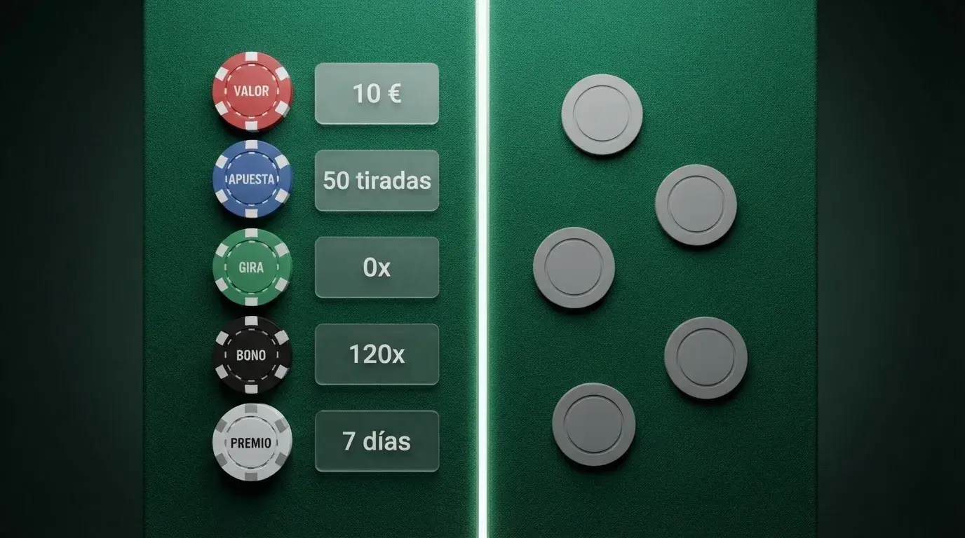 Interfaz de comparación con fichas de varios casinos online españoles, mostrando importes de bono y condiciones en formato visual