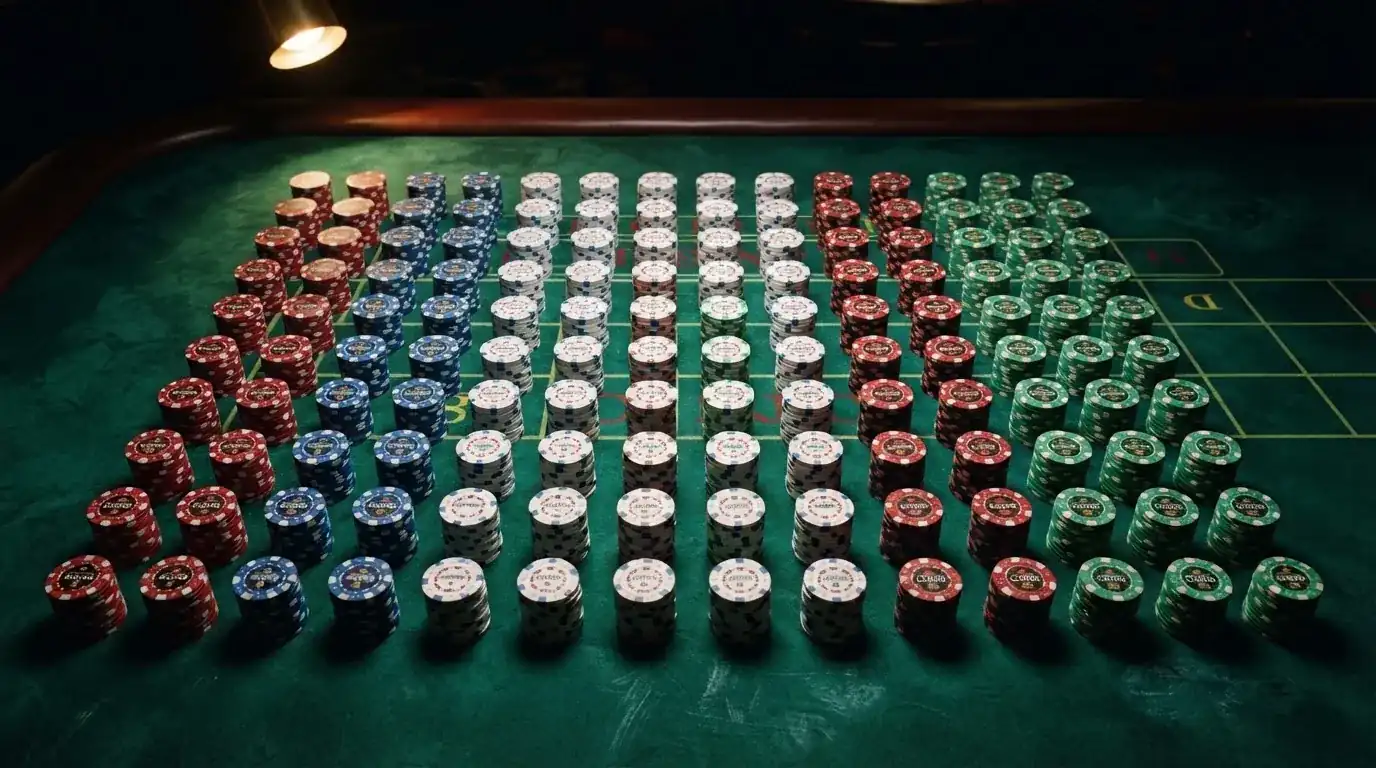 Una cuadrícula con fichas de casino de distintos colores alineadas sobre una mesa de juego verde, cada una representando un importe de bono distinto