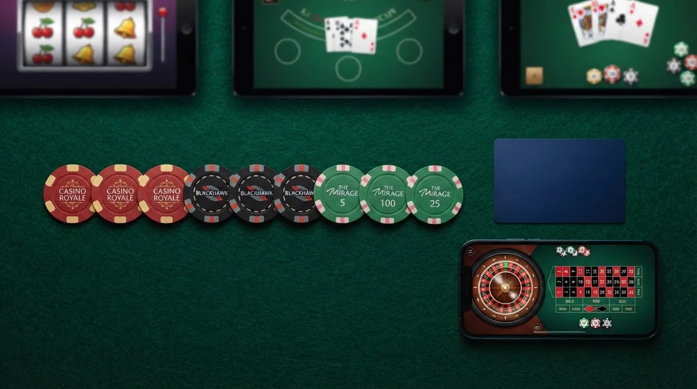 Una tabla comparativa con fichas de casino, tarjetas VISA y un móvil con la app CaixaBank Pay abierta sobre un fondo de pantallas de casino