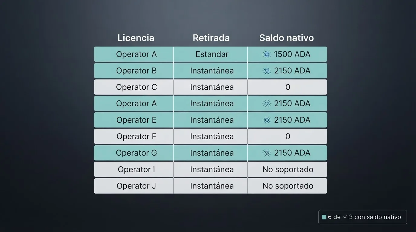 Tabla comparativa con columnas de licencia, velocidad de retirada y saldo nativo para cada uno de los10 operadores destacados