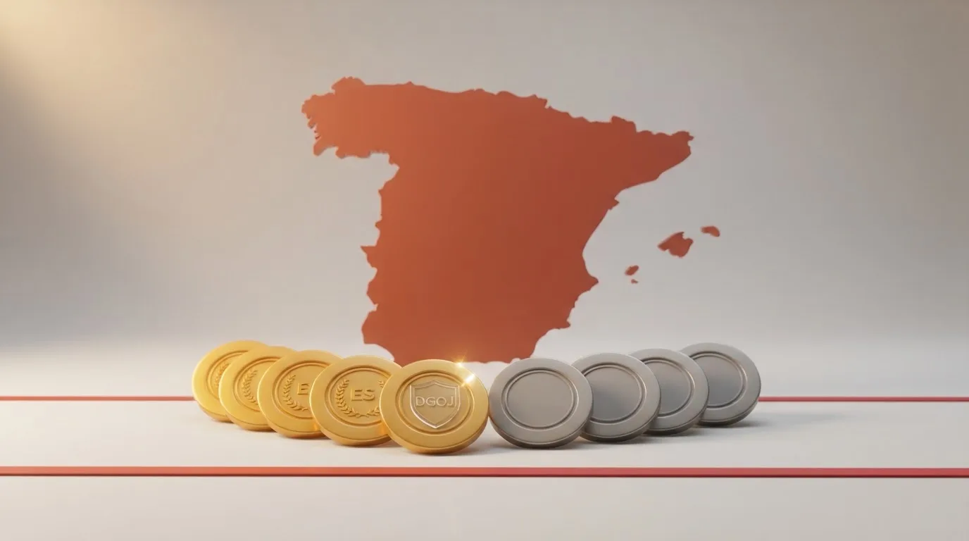 Tabla comparativa con los logotipos de los diez casinos revisados ordenados en dos columnas: con bono sin depósito y sin él, sobre un mapa de España con el sello DGOJ