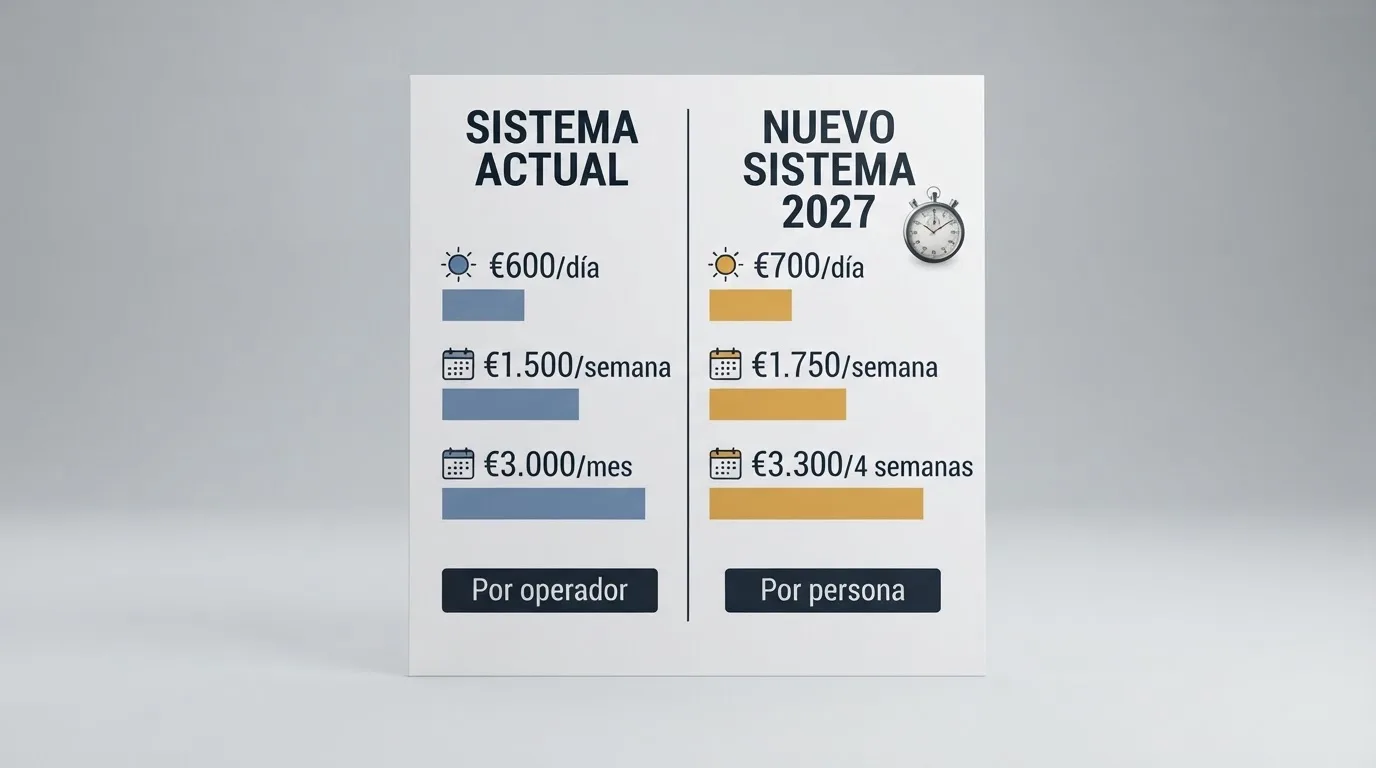 Una tabla visual con los tres tramos de límites — diario, semanal y mensual — mostrando las cifras actuales junto a las del nuevo sistema de 2027
