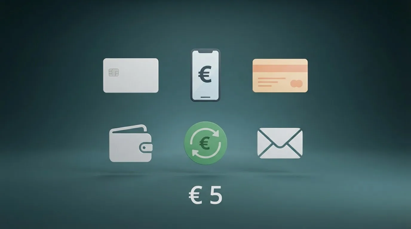Iconos de los principales métodos de pago — Visa, Mastercard, Bizum, PayPal, Paysafecard, Skrill — aceptados por los casinos españoles para depósitos desde 5 €
