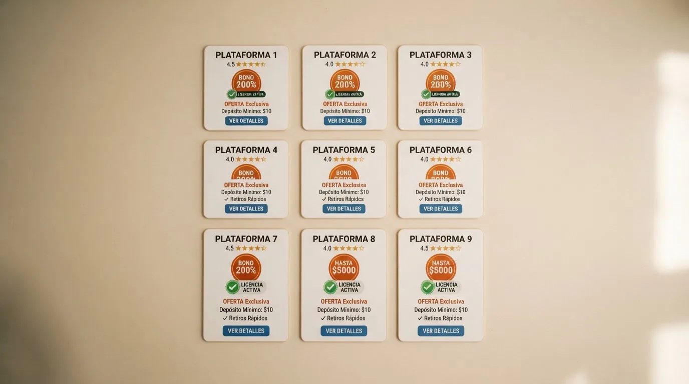 Una cuadrícula de tarjetas con los logotipos de los operadores DGOJ analizados, ordenadas con distintivos de licencia, porcentaje de bono y estrellas de valoración