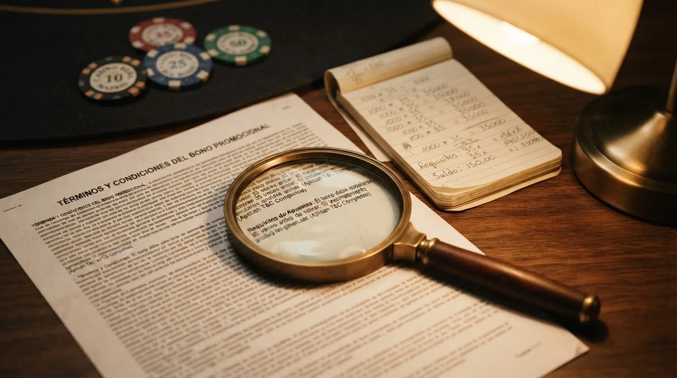 Primer plano de una lupa sobre un documento con letra pequeña y una calculadora al lado, con fichas de casino desenfocadas al fondo