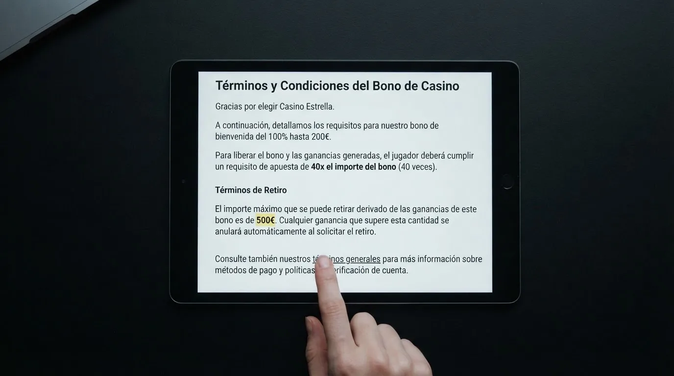 Primer plano de los términos y condiciones de un bono de casino en pantalla, con las cifras de rollover y retirada máxima subrayadas
