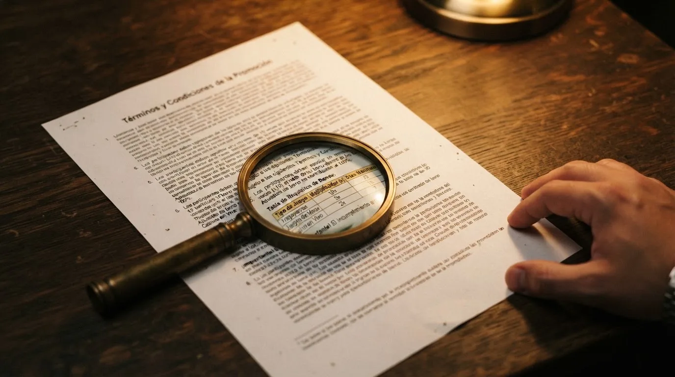 Primer plano de unos términos y condiciones de bono de casino sobre una mesa, con una lupa sobre la sección de requisitos de apuesta y plazos de validez