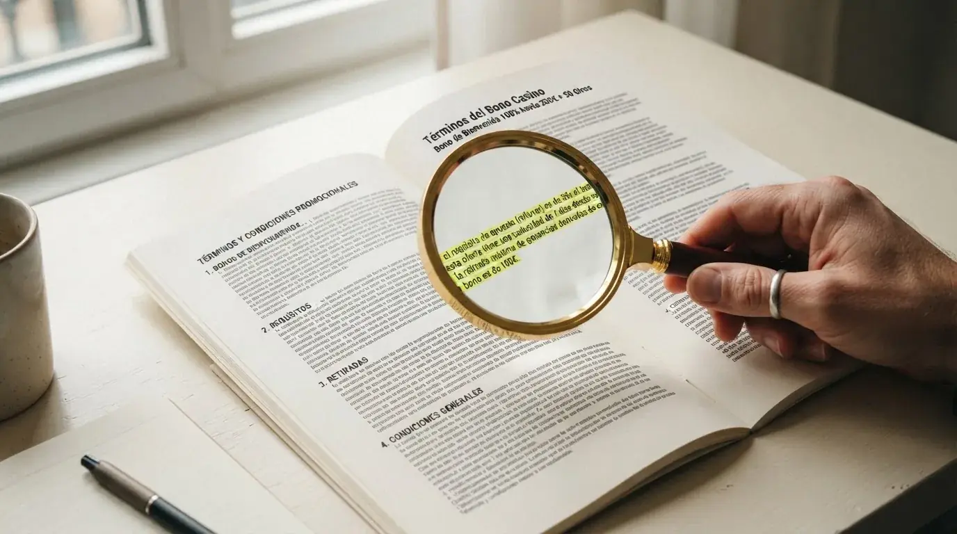 Primer plano de una lupa sobre un documento con letra pequeña, con términos como «rollover», «caducidad» y «retirada máxima» subrayados en amarillo