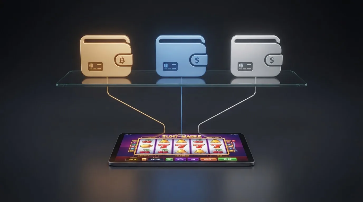 Monederos digitales con iconos de Bitcoin, Ethereum y USDT conectados por líneas a la interfaz de un casino online, sin logotipos bancarios ni tarjetas en pantalla