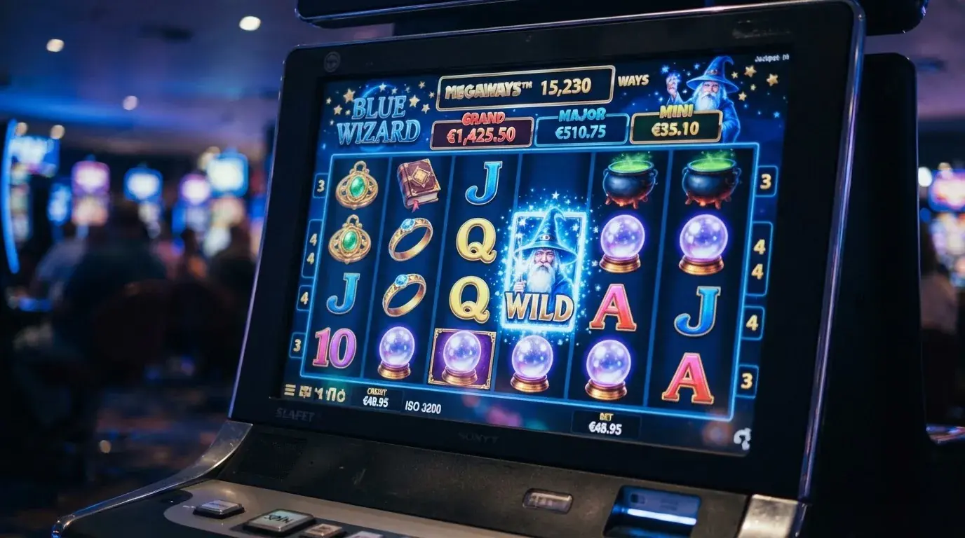La pantalla de Blue Wizard Megaways mostrando sus 5 rodillos, los símbolos del mago azul y el indicador de Megaways con más de 15.000 formas de ganar activas