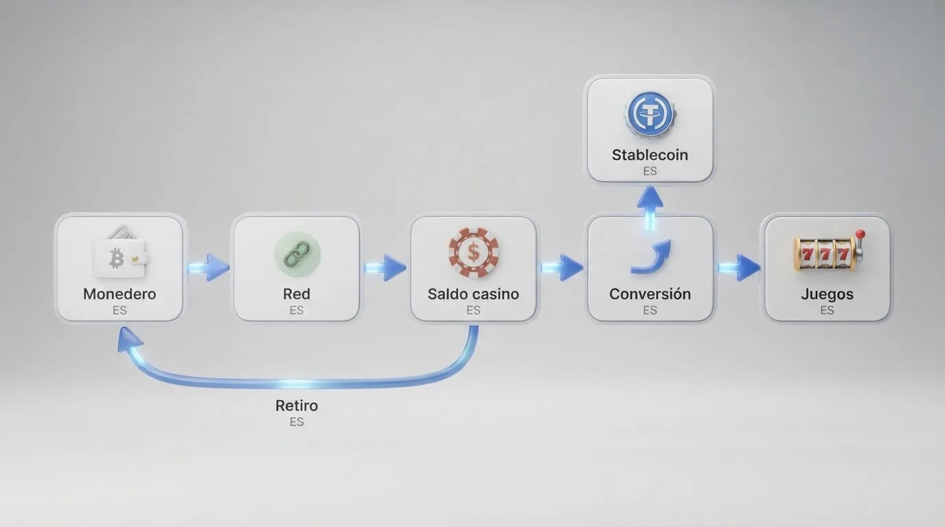 Diagrama visual del recorrido del DOGE: monedero personal → red Dogecoin (1 bloque ~1 min) → saldo del casino → conversión a stablecoin o juego → retiro en DOGE o en euros según el tipo de casino