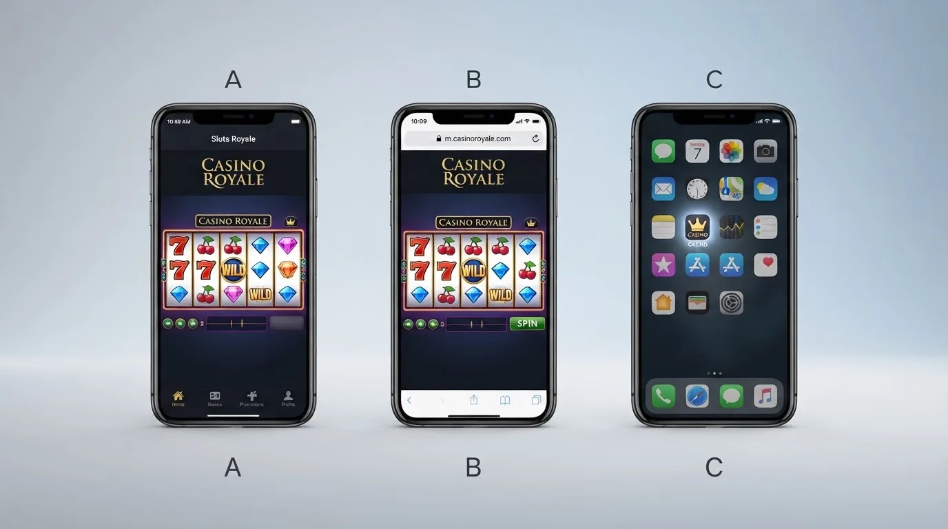 Tres pantallas de un mismo teléfono mostrando una app nativa de casino, la versión web en el navegador y el icono de una PWA en la pantalla de inicio