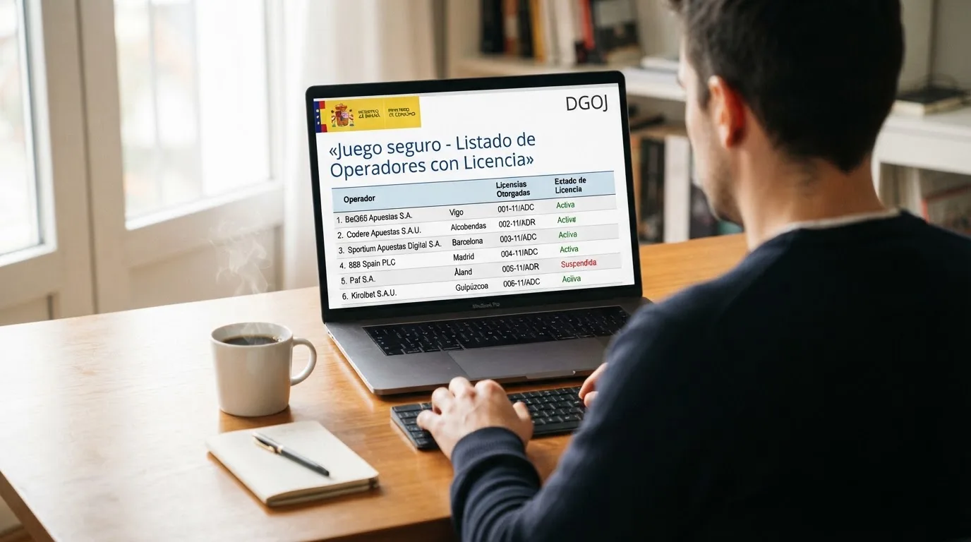Pantalla de ordenador mostrando la página de ordenacionjuego.es con el escudo de la DGOJ y el listado de operadores con licencia, junto a un teclado y un café