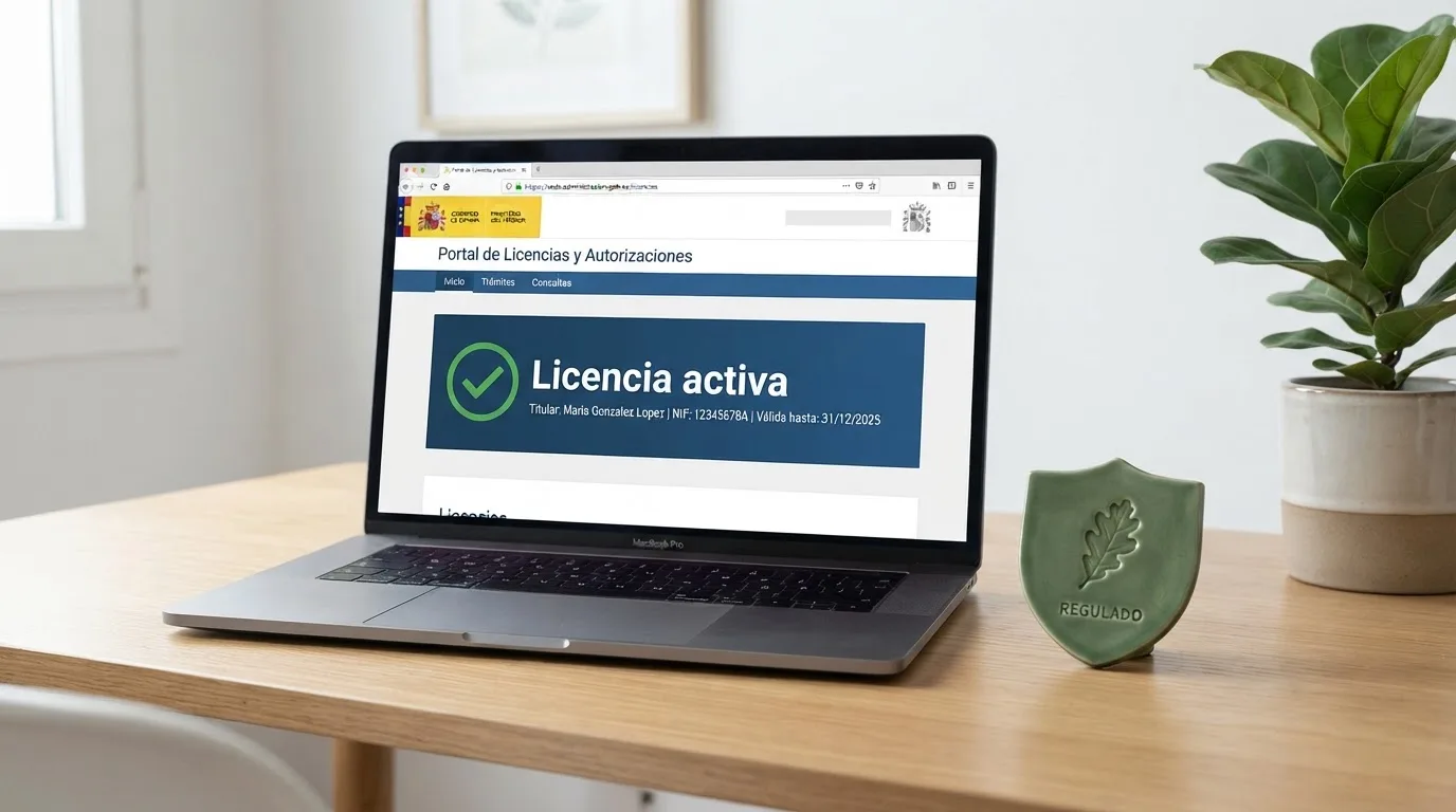Pantalla mostrando el registro oficial de licencias de la DGOJ junto al dominio .es de un casino online regulado