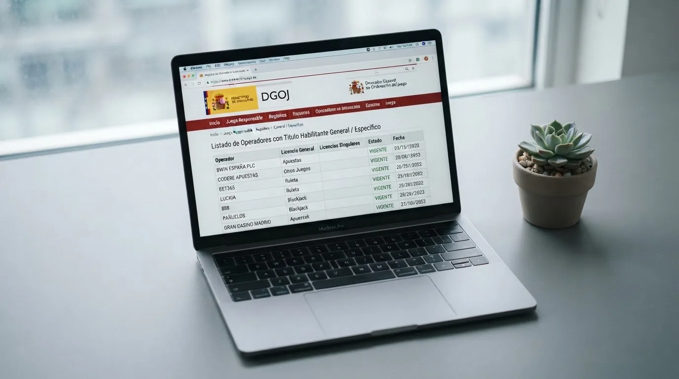 Captura de pantalla del registro público de la DGOJ en ordenacionjuego.es con el listado de operadores autorizados y el dominio .es visible en la barra de direcciones