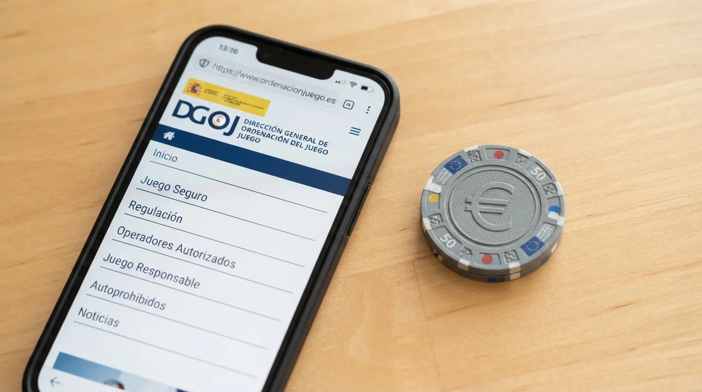 Un teléfono mostrando la web de la DGOJ junto a una tarjeta de crédito y el símbolo del euro
