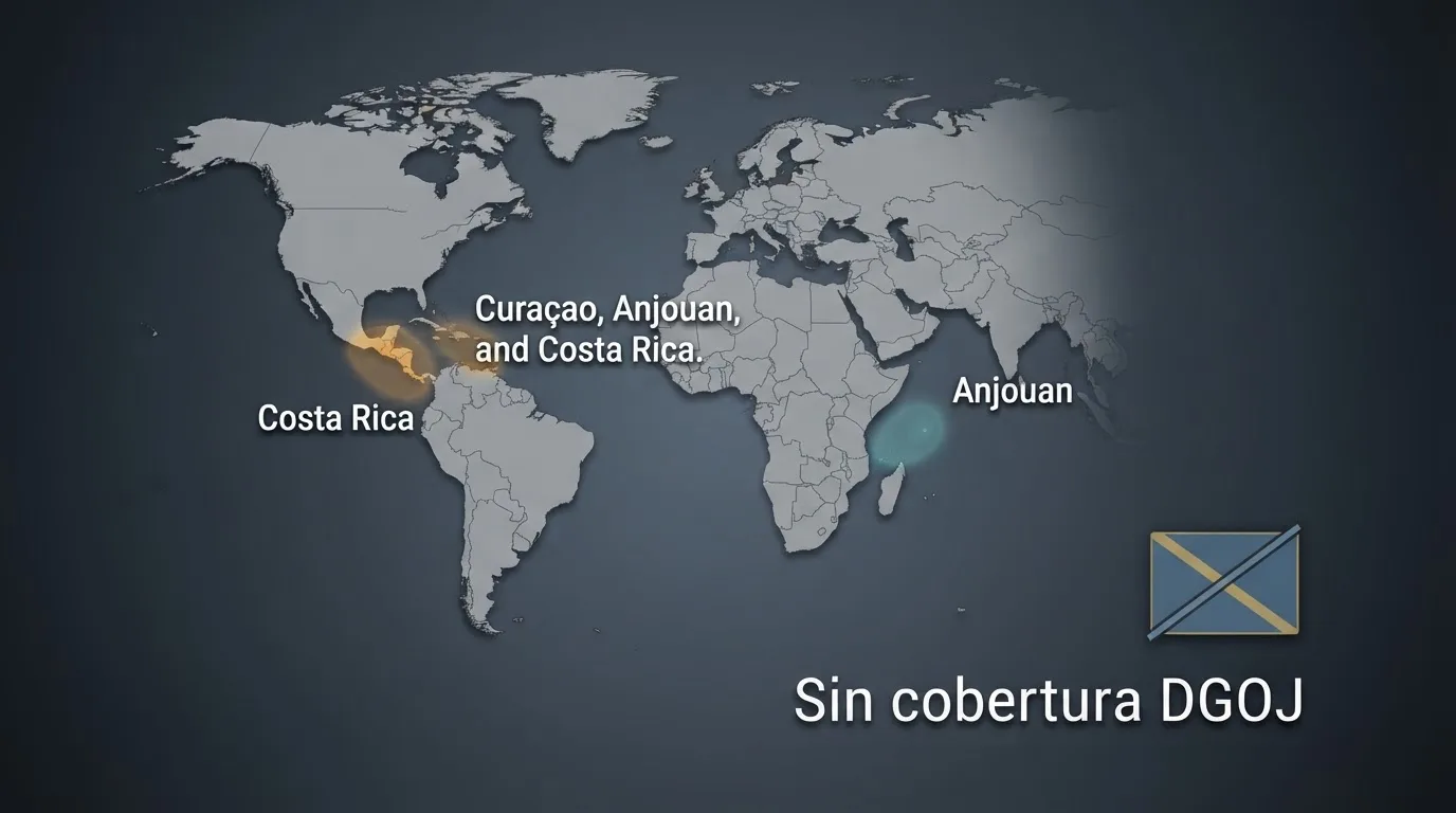 Mapa simplificado con las jurisdiciones de licencia (Curaçao, Anjouan, Costa Rica) y una bandera de la UE tachada para indicar la ausencia de cobertura DGOJ