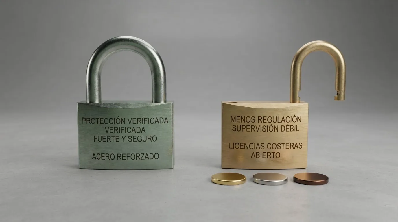 Dos columnas visuales: a la izquierda, el sello de la DGOJ con un candado cerrado; a la derecha, tres sellos (Curaçao, Anjouan, Costa Rica) con un candado entreabierto
