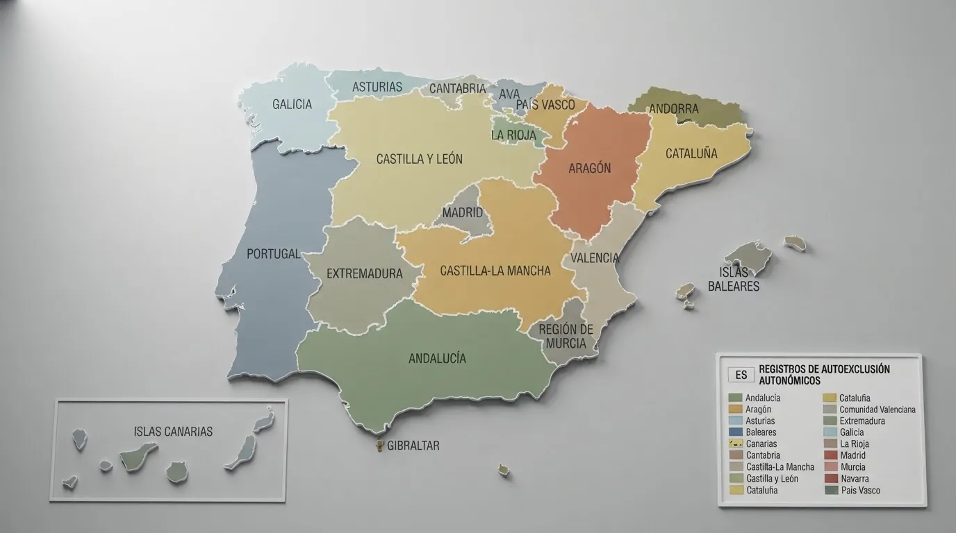 Mapa de España con las comunidades autónomas diferenciadas visualmente para ilustrar la independencia de los registros de autoprohibición presencial respecto al RGIAJ estatal
