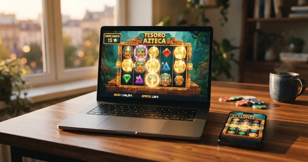 Escritorio con pantalla de ordenador mostrando una tabla comparativa de casinos online españoles con sus ofertas de giros gratis, junto a un móvil con la misma página abierta