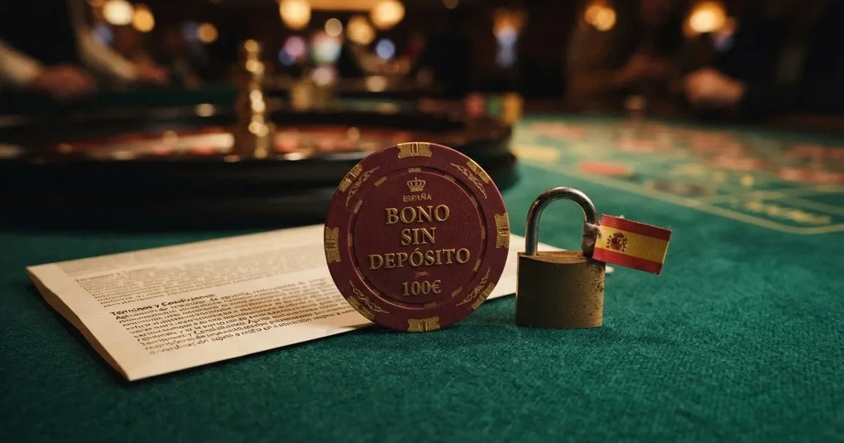Ficha de casino con el texto «bono sin depósito» sobre un fondo de mesa de juego, junto a un candado con la bandera de España y el dominio .es visible